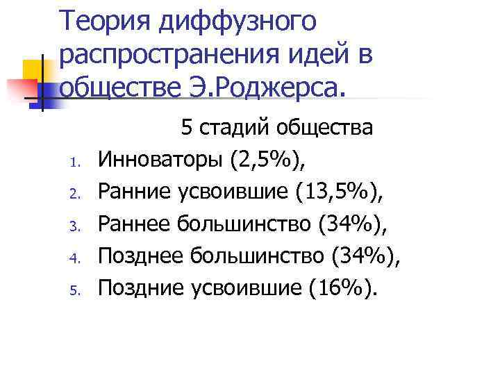 Теория диффузного распространения идей в обществе Э. Роджерса. 1. 2. 3. 4. 5. 5
