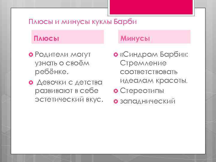 Плюсы и минусы куклы Барби Плюсы Родители могут узнать о своём ребёнке. Девочки с