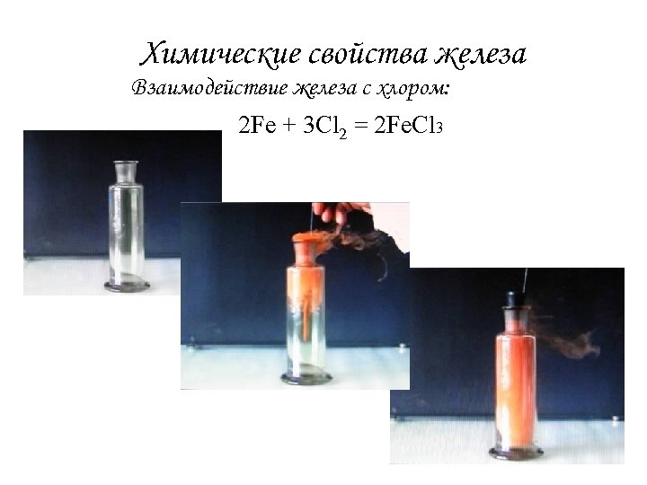Химические свойства железа Взаимодействие железа с хлором: 2 Fe + 3 Cl 2 =