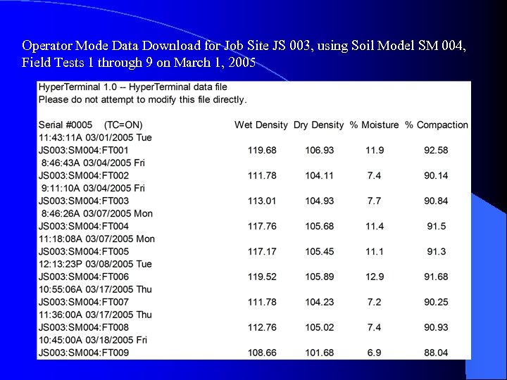 Operator Mode Data Download for Job Site JS 003, using Soil Model SM 004,