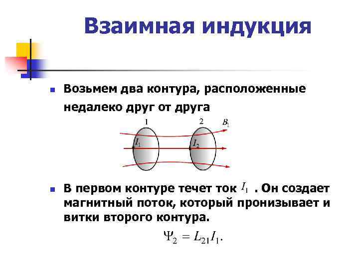 Взаимная индукция n Возьмем два контура, расположенные недалеко друг от друга n В первом