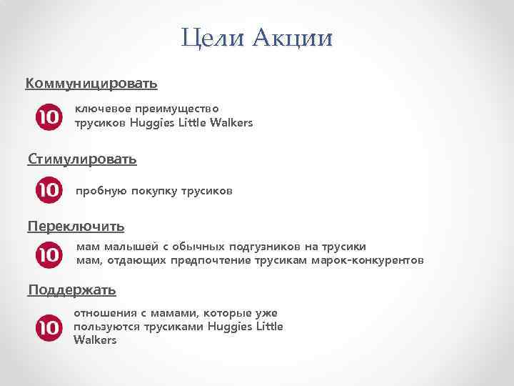 Цели Акции Коммуницировать ключевое преимущество трусиков Huggies Little Walkers Стимулировать пробную покупку трусиков Переключить