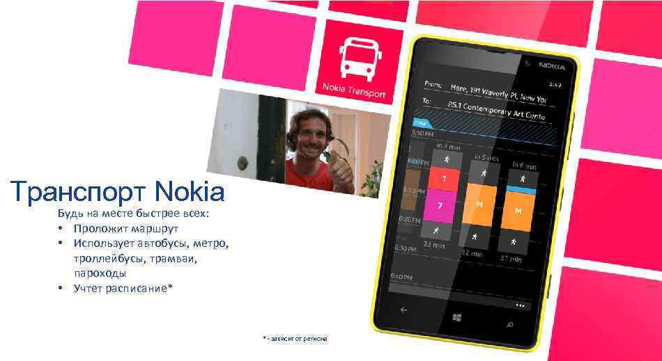 Транспорт Nokia Будь на месте быстрее всех: • Проложит маршрут • Использует автобусы, метро,