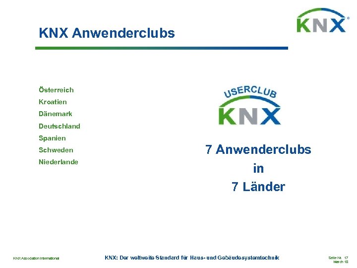 KNX Anwenderclubs Österreich Kroatien Dänemark Deutschland Spanien Schweden Niederlande KNX Association International 7 Anwenderclubs