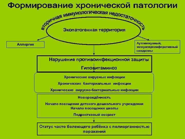 Экопатогенная территория Аутоиммунный, иммунопролиферативный синдромы Аллергия Нарушение противоинфекционной защиты Гиповитаминоз Хронические вирусные инфекции Хронические