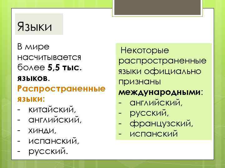 Языки В мире насчитывается более 5, 5 тыс. языков. Распространенные языки: - китайский, -