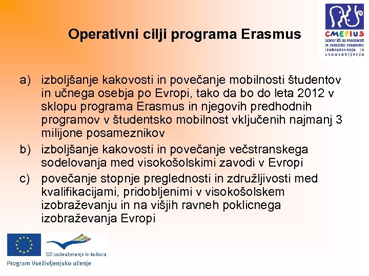 Operativni cilji programa Erasmus a) izboljšanje kakovosti in povečanje mobilnosti študentov in učnega osebja