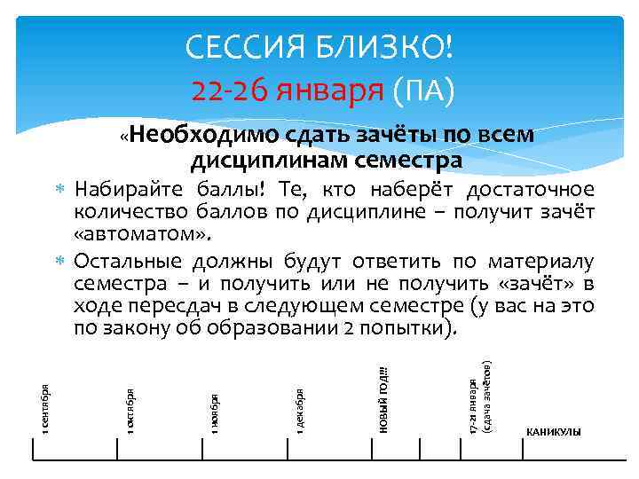 СЕССИЯ БЛИЗКО! 22 -26 января (ПА) «Необходимо сдать зачёты по всем дисциплинам семестра 1