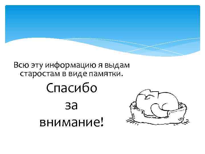 Всю эту информацию я выдам старостам в виде памятки. Спасибо за внимание! 