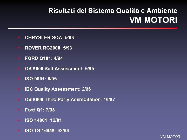 Risultati del Sistema Qualità e Ambiente VM MOTORI • CHRYSLER SQA: 5/93 • ROVER