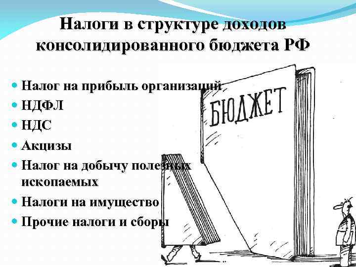 Налоги в структуре доходов консолидированного бюджета РФ Налог на прибыль организаций НДФЛ НДС Акцизы