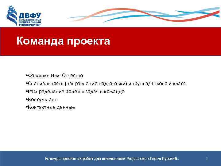 Команда проекта • Фамилия Имя Отчество • Специальность (направление подготовки) и группа/ Школа и
