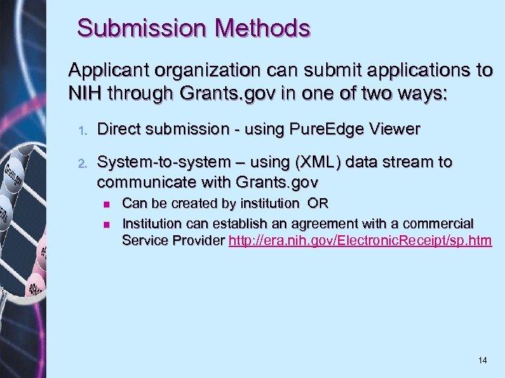Submission Methods Applicant organization can submit applications to NIH through Grants. gov in one