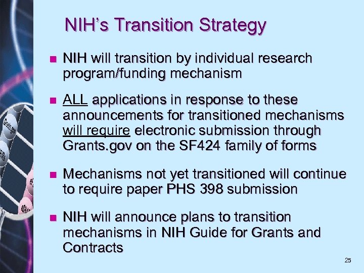 NIH’s Transition Strategy n NIH will transition by individual research program/funding mechanism n ALL