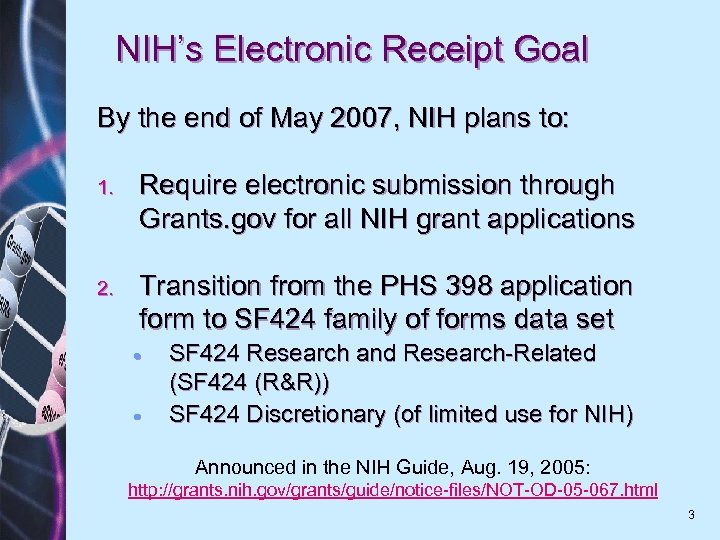 NIH’s Electronic Receipt Goal By the end of May 2007, NIH plans to: 1.