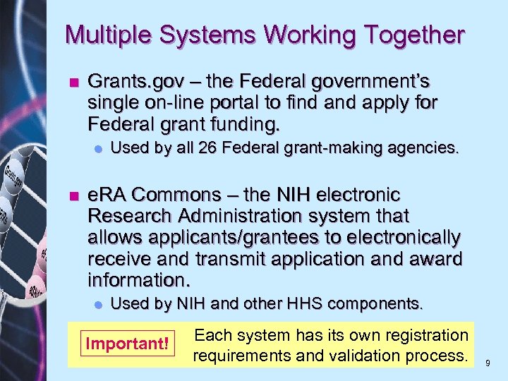 Multiple Systems Working Together n Grants. gov – the Federal government’s single on-line portal