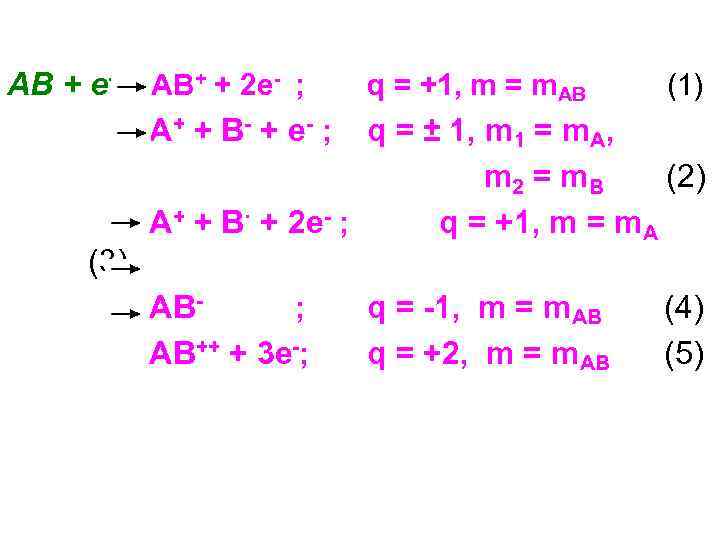 AB + e- AB+ + 2 e- ; q = +1, m = m.