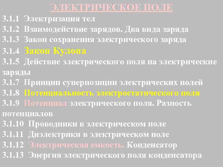 ЭЛЕКТРИЧЕСКОЕ ПОЛЕ 3. 1. 1 Электризация тел 3. 1. 2 Взаимодействие зарядов. Два вида