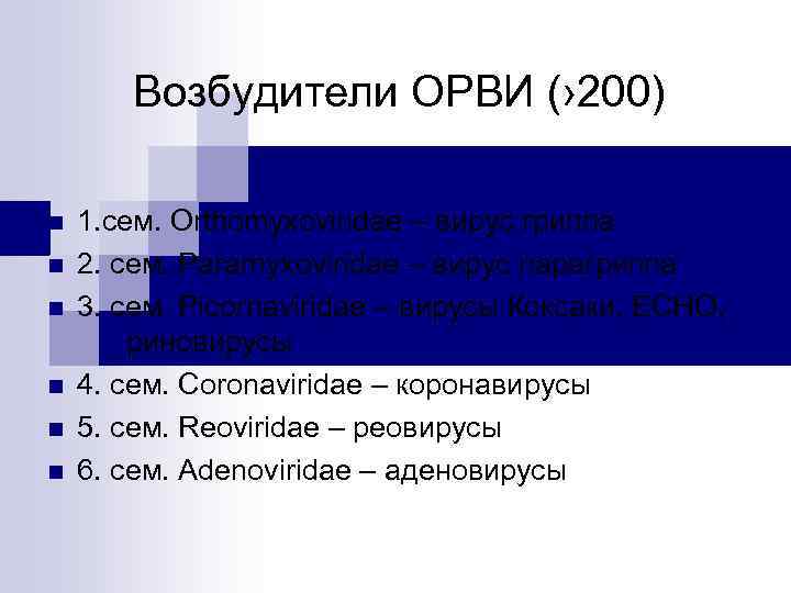 Возбудители ОРВИ (› 200) n n n 1. сем. Orthomyxoviridae – вирус гриппа 2.