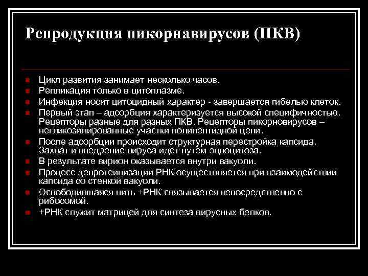 Репродукция пикорнавирусов (ПКВ) n n n n n Цикл развития занимает несколько часов. Репликация