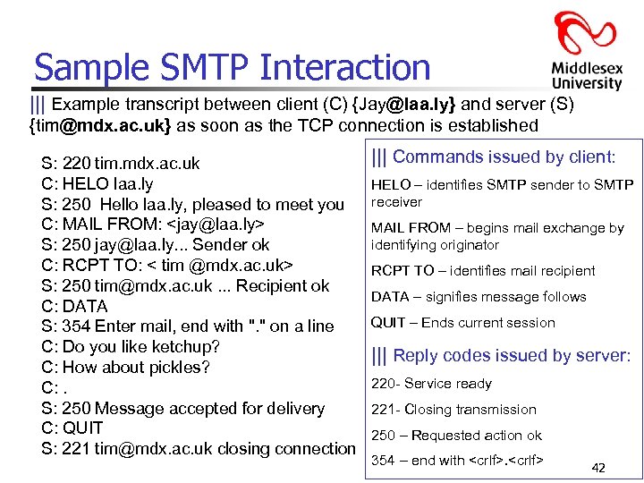 Sample SMTP Interaction ||| Example transcript between client (C) {Jay@laa. ly} and server (S)