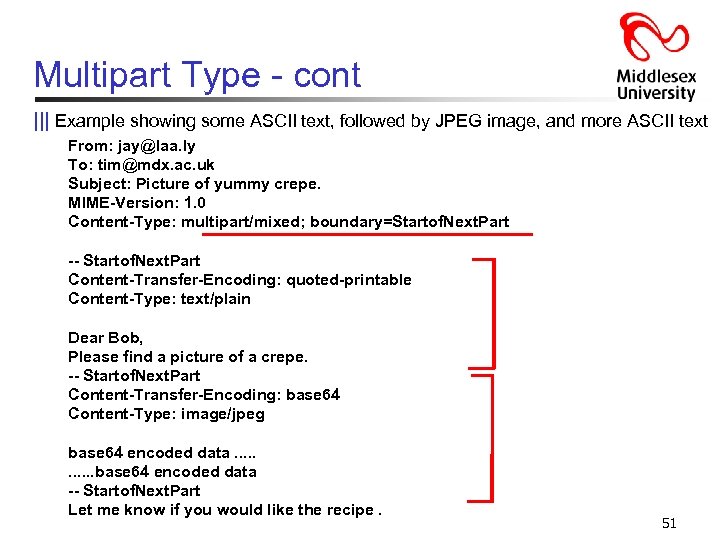 Multipart Type - cont ||| Example showing some ASCII text, followed by JPEG image,