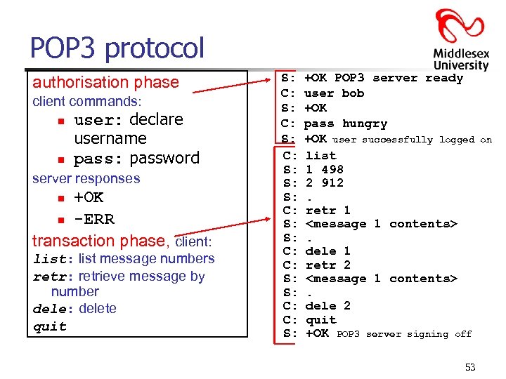 POP 3 protocol authorisation phase client commands: n n user: declare username pass: password