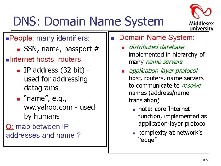 DNS: Domain Name System People: many identifiers: n SSN, name, passport # n. Internet
