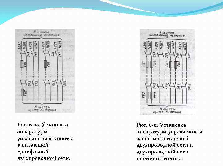Рис. 6 -10. Установка аппаратуры управления и защиты в питающей однофазной двухпроводной сети. Рис.