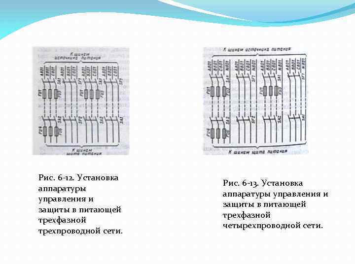 Рис. 6 -12. Установка аппаратуры управления и защиты в питающей трехфазной трехпроводной сети. Рис.