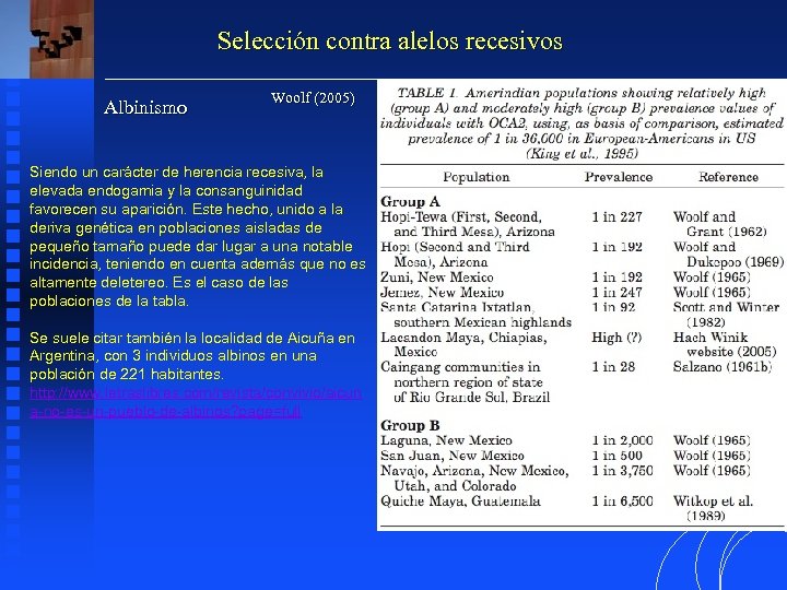 Selección contra alelos recesivos Albinismo Woolf (2005) Siendo un carácter de herencia recesiva, la