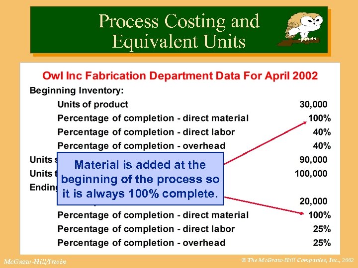 Process Costing and Equivalent Units Material is added at the beginning of the process