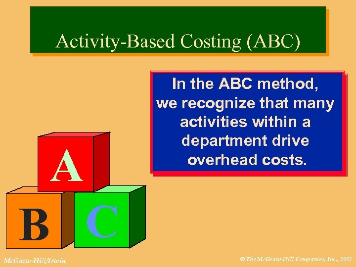 Activity-Based Costing (ABC) A B C Mc. Graw-Hill/Irwin In the ABC method, we recognize