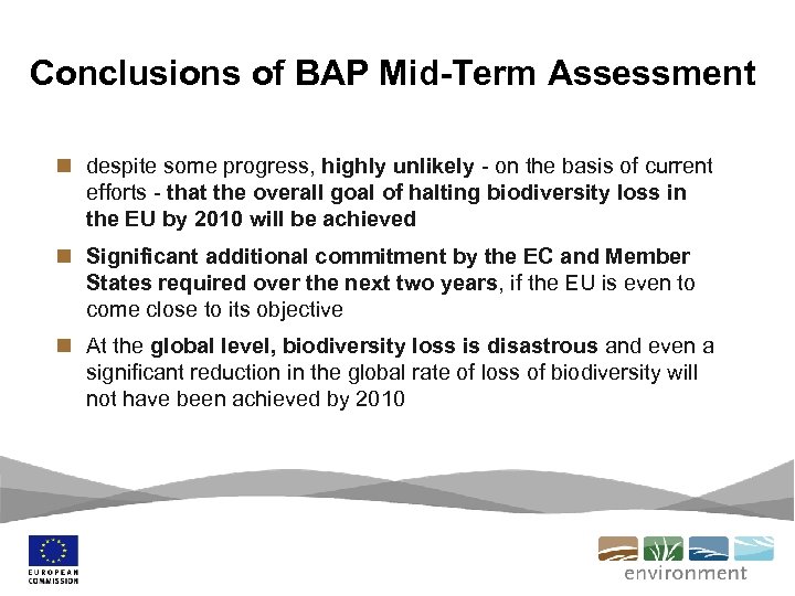 Conclusions of BAP Mid-Term Assessment n despite some progress, highly unlikely - on the