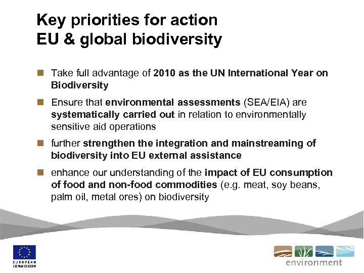 Key priorities for action EU & global biodiversity n Take full advantage of 2010