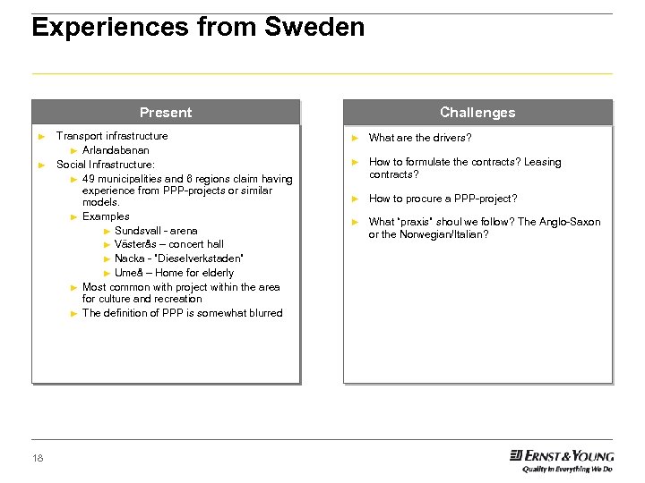 Experiences from Sweden Present ► ► 18 Transport infrastructure ► Arlandabanan Social Infrastructure: ►