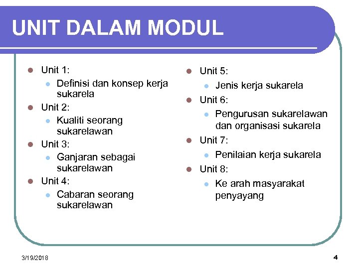 UNIT DALAM MODUL Unit 1: l Definisi dan konsep kerja sukarela l Unit 2: