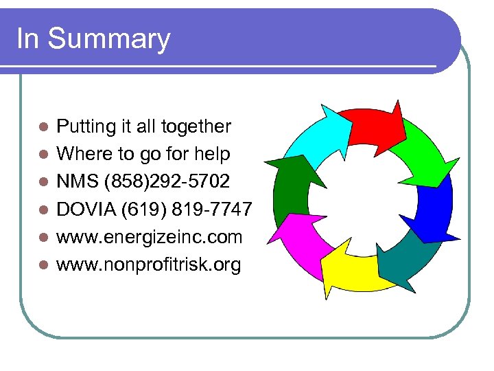 In Summary l l l Putting it all together Where to go for help