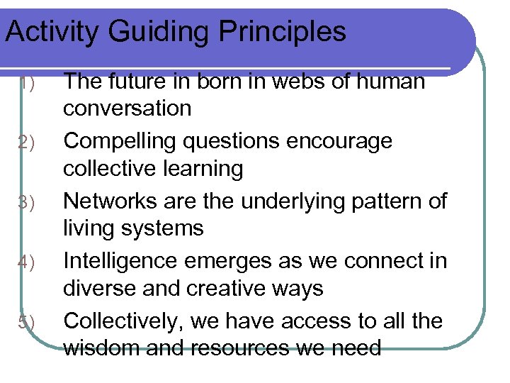 Activity Guiding Principles 1) 2) 3) 4) 5) The future in born in webs