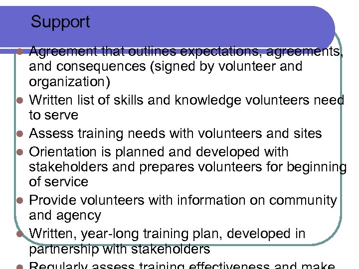 Support l l l Agreement that outlines expectations, agreements, and consequences (signed by volunteer