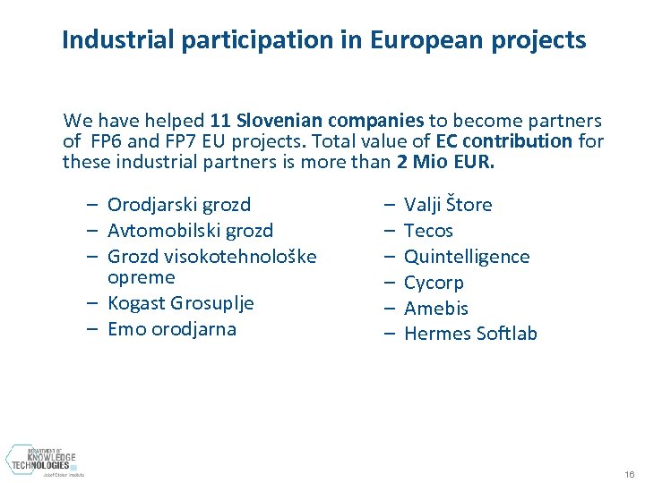 Industrial participation in European projects We have helped 11 Slovenian companies to become partners