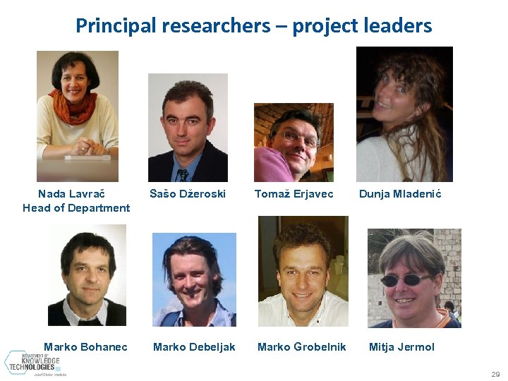 Principal researchers – project leaders Nada Lavrač Head of Department Marko Bohanec Sašo Džeroski