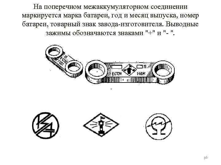 На поперечном межаккумуляторном соединении маркируется марка батареи, год и месяц выпуска, номер батареи, товарный