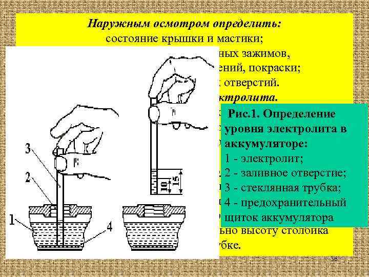 Наружным осмотром определить: состояние крышки и мастики; целостность ящика, выводных зажимов, межаккумуляторных соединений, покраски;