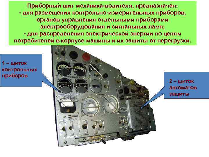Приборный щит механика-водителя, предназначен: - для размещения контрольно-измерительных приборов, органов управления отдельными приборами электрооборудования