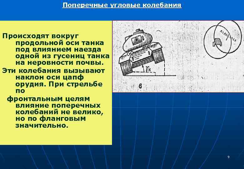 Поперечные угловые колебания Происходят вокруг продольной оси танка под влиянием наезда одной из гусениц