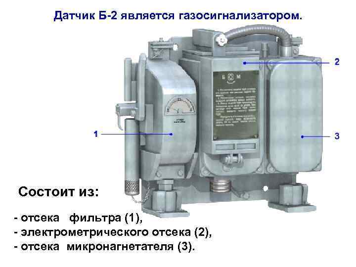 Датчик Б-2 является газосигнализатором. Состоит из: - отсека фильтра (1), - электрометрического отсека (2),