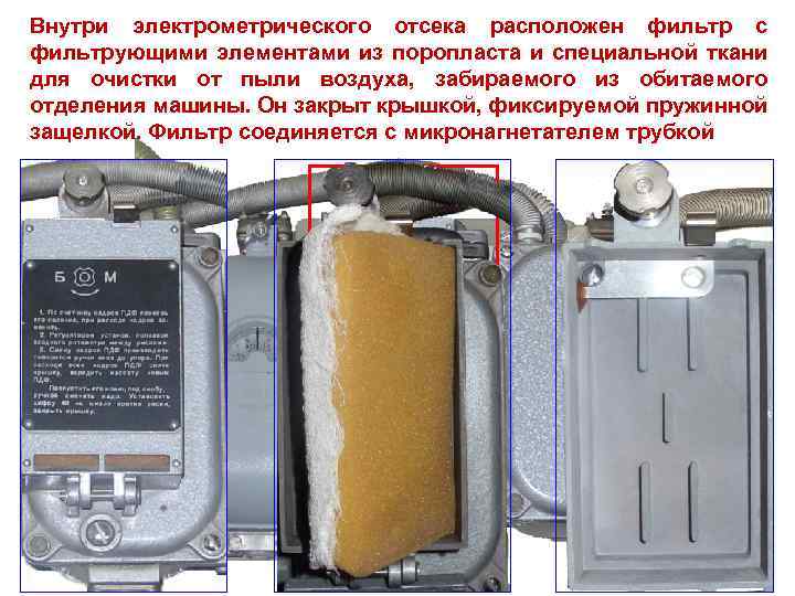 Внутри электрометрического отсека расположен фильтр с фильтрующими элементами из поропласта и специальной ткани для