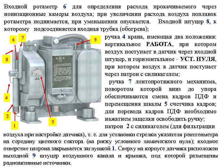 Входной ротаметр 6 для определения расхода прокачиваемого через ионизационные камеры воздуха; при увеличении расхода