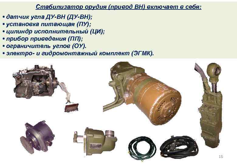 Стабилизатор орудия (привод ВН) включает в себя: • датчик угла ДУ-ВН (ДУ-ВН); • установка